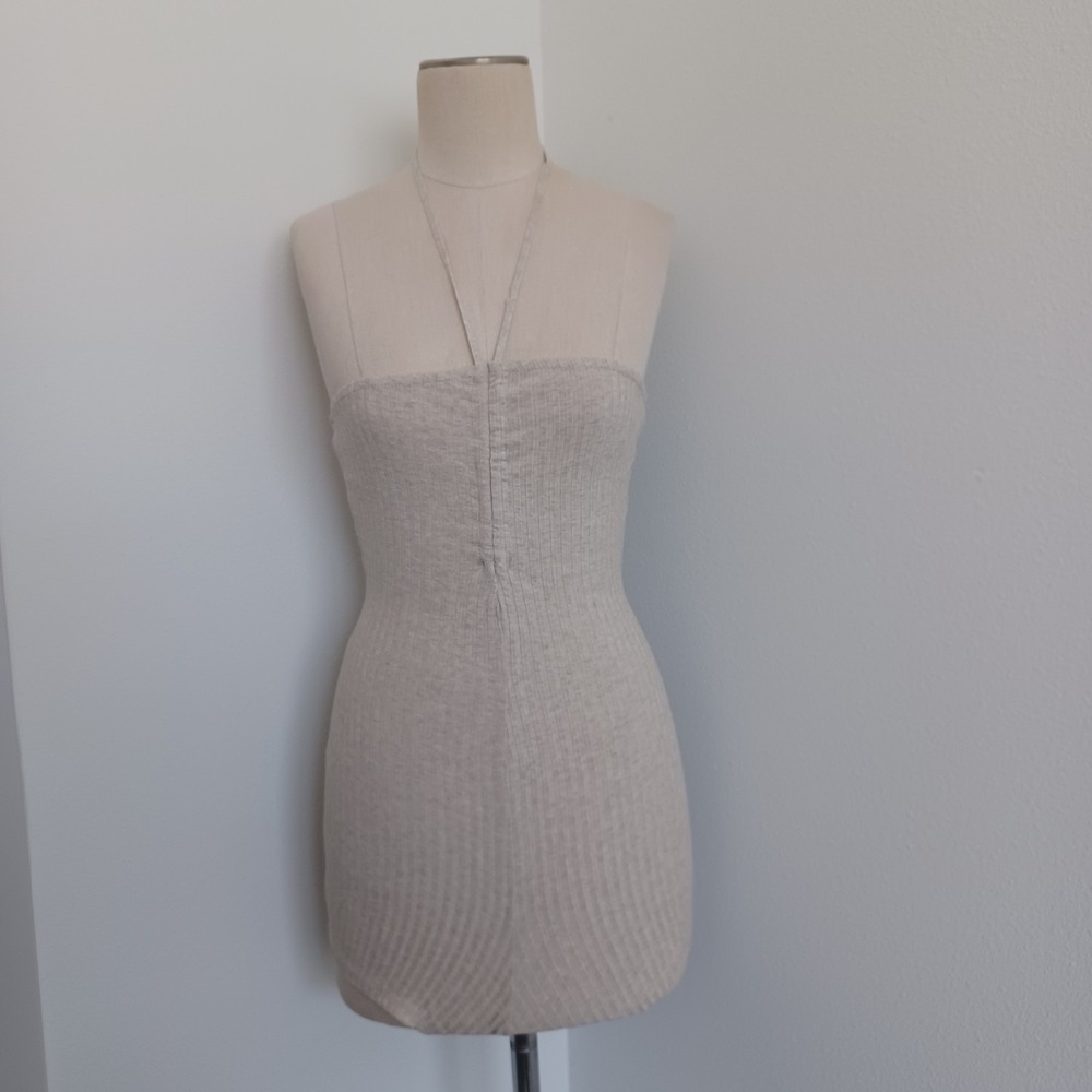 Zara Romper Strapless Ribbed Body Suit Womens Small Beige Stretch 3" Inseam